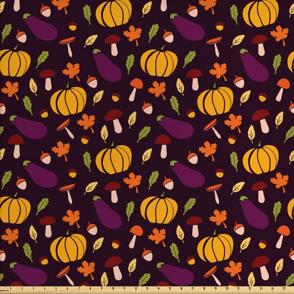 Autumn Fabric by the Yard Upholstery, Pumpkin Acorn Mushroom Seasonal Vegetable Veggies Tree Leafs Composition, Decorative Fabric for DIY and Home Accents, Dark Maroon Marigold by Ambesonne