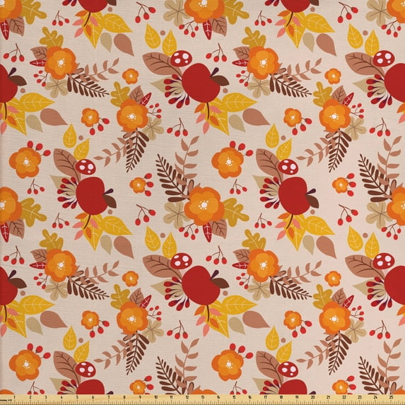 Autumn Fabric by the Yard Upholstery, Warm Colored Foliage Pattern with Blossoming Flowers and Leaves Seasonal Composition, Decorative Fabric for DIY and Home Accents, Multicolor by Ambesonne