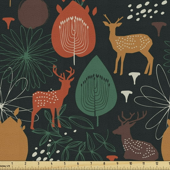 Ambesonne Autumn Fabric by the Yard Upholstery, Wild Forest Season Gazelle, 1 Yard, Amber and Jade Green