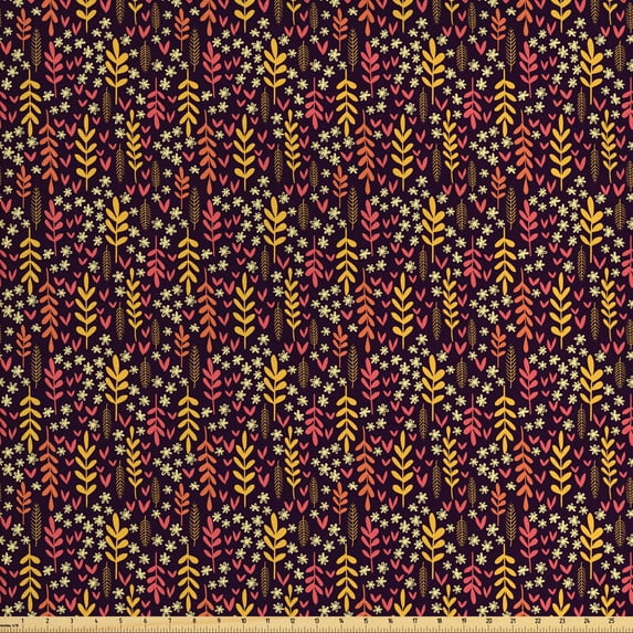 Autumn Fabric by the Yard, Vintage Style Illustration of Warm Fall Season Tone Floral Leaves, Upholstery Fabric for Dining Chairs Home Decor Accents, Dark Maroon Coral and Mustard by Ambesonne