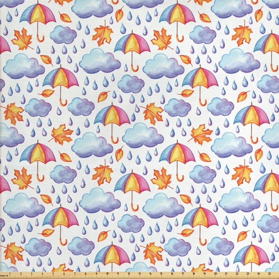 Ambesonne Autumn Fabric by the Yard Upholstery, Watercolor Rain Umbrella, 5 Yards, Pale Sky Blue Pale Pink