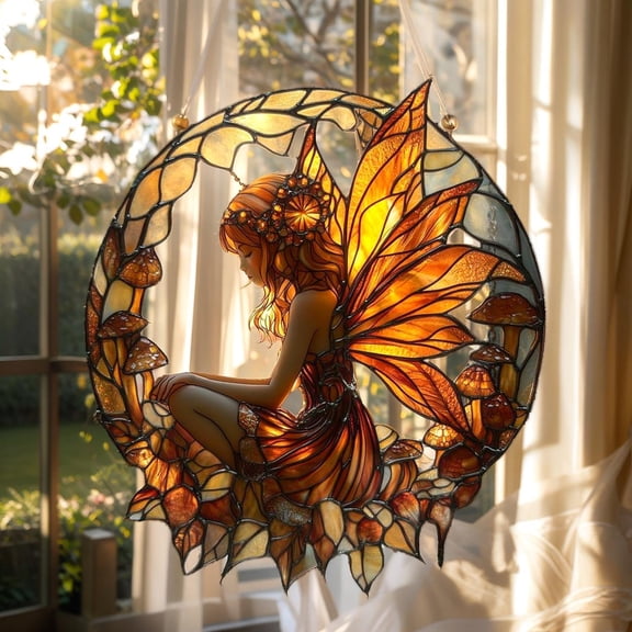 Autumn Fairy Acrylic Faux Stained Glass Suncatcher, Fall Window Hanging, Woodland Home Gift For Her