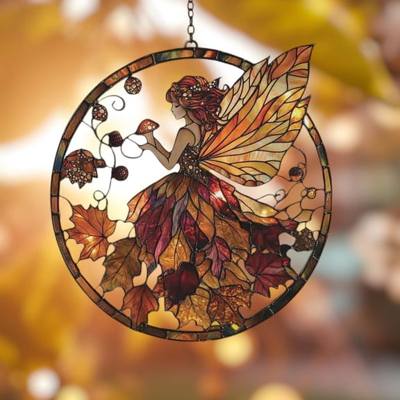 Autumn Fairy Acrylic Suncatcher - Faux Stained Glass Fall Fairy Window Hanging - Whimsical Woodland Decor