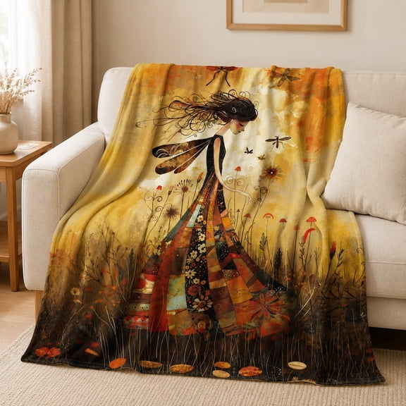 Autumn Fairy Meadow Fleece Blanket, Polyester Throw, 280 GSM, 4 Sizes