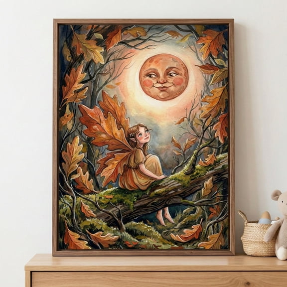 Autumn Fairy Whimsical Forest Wall Art Oak Leaf Fairy Illustration Smiling Unframed Paper Poster 8x10in