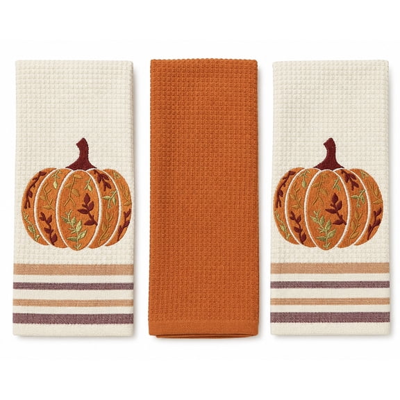 Serafina Home Autumn Fall Bath Hand Kitchen Towels Home Decor: Plush Soft Beige Rust 100% Cotton Terry Velour Embroidered Floral Pumpkin Design 2 Piece Set