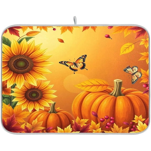 Autumn Fall Dish Drying Mat 16x18 inch Pumpkin Fall Leaves Butterfly Drying Pad Dish Drainer Mat Protector for Kitchen Countertops Counter