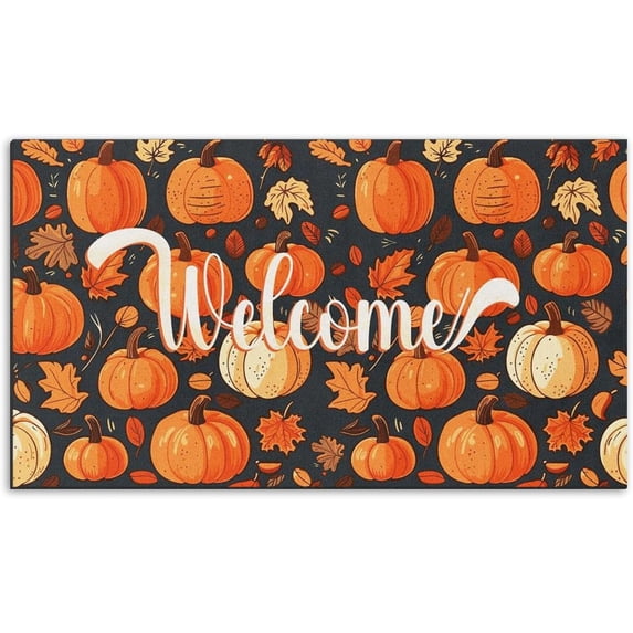 Autumn Fall Door Mat, 17 x 30 Inch Orange Pumpkin Leaves Welcome Doormat Decorative Home Floor Mat, Non Slip Rubber Back and Strong Water Absorption for Outdoor Indoor Entrance Decor