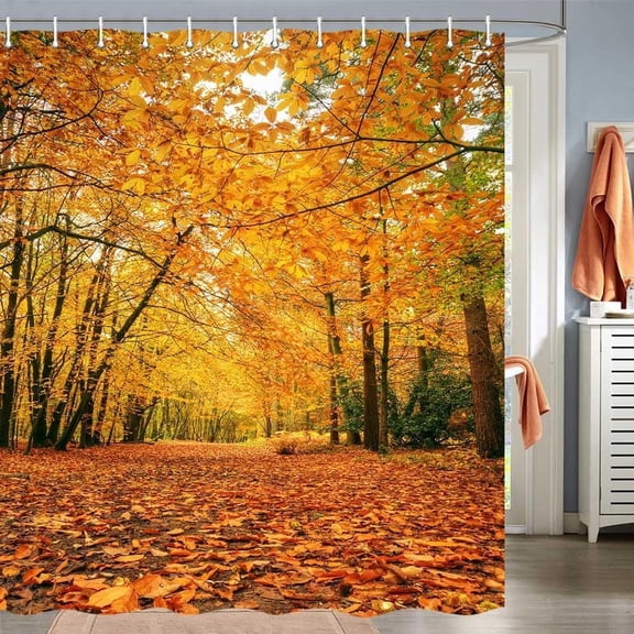 Autumn Fall Forest Shower Curtain - 72x72 Inch Dried Maple Tree Leaves Romantic Fall Season Fabric with Hooks for Bathroom