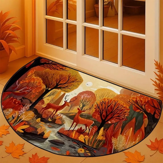 Autumn Fall Half Round Door Mat Welcome Entrance Mat Bath Bathroom Rug | Autumn Fall Maple Leaves Welcome Entrance Mat Anti-Slip Half Moon Bath Mat Semi Circle Rug Indoor Outdoor Kitchen Rug