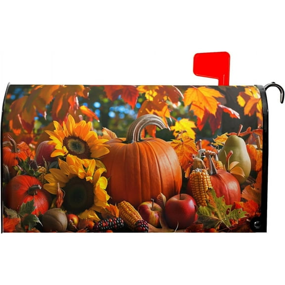 Autumn Fall Harvest Mailbox Covers Magnetic Standard Size 25.5"" X 21"",Thanksgiving Pumpkin Maple Leaf Sunflower Mailbox Wraps Post Letter Box Cover for Holiday Garden Yard Decor