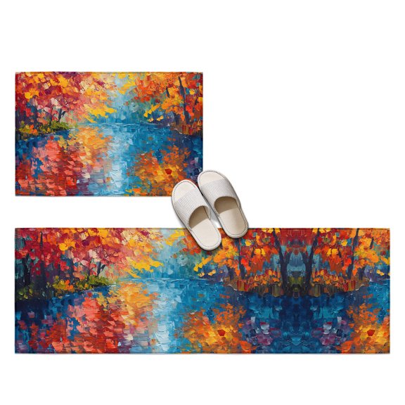 Autumn Fall Lakeside Reflection 2 Pieces Non-Slip Kitchen Mat Set, Rustic Orange Red Trees River Landscape Soft Door Mat with Rubber Backing, Dirtproof Rugs for Entrance Doorway, 20x24in+20x48in
