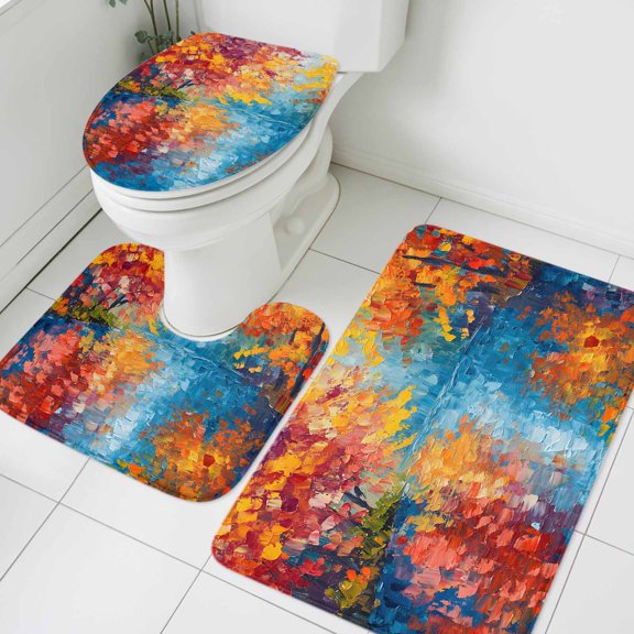 Autumn Fall Lakeside Reflection Bathroom Rugs Set Rustic Orange Red Trees River Landscape Non Slip Absorbent Soft Bath Mats 3 Piece Set Bathroom Rug, U-Shaped Floor Mat, Toilet Seat Cover Large Size