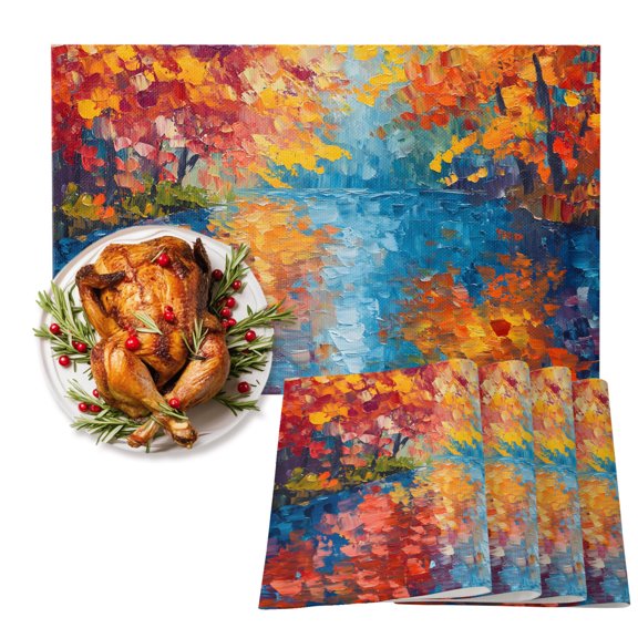 Autumn Fall Lakeside Reflection Cotton Linen Placemats Set of 1, Rustic Orange Red Trees River Landscape Washable Table Place Mats Heat Insulating Placemat for Dining Room Kitchen 13 x 19 Inch