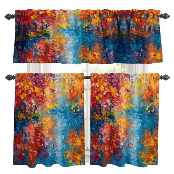 Autumn Fall Lakeside Reflection Kitchen Curtains Valance and Tier Set Rustic Orange Red Trees River Landscape Rod Pocket Short Curtains for Small Window 3 Pieces Set for Bedroom (54" x 18"+27" x 36")