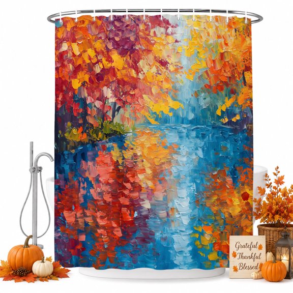 Autumn Fall Lakeside Reflection Shower Curtain Set with Hooks, Rustic Orange Red Trees River Landscape Sturdy Water Repellent Shower Curtains for Bathroom Bathtub, Machine Washable 36x72 Inch