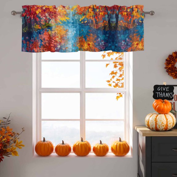 Autumn Fall Lakeside Reflection Window Valance for Kitchen, Rustic Orange Red Trees River Landscape Rod Pocket Short Curtains for Bathroom Bedroom, Light Filtering Decorative Valances 42x18 Inch