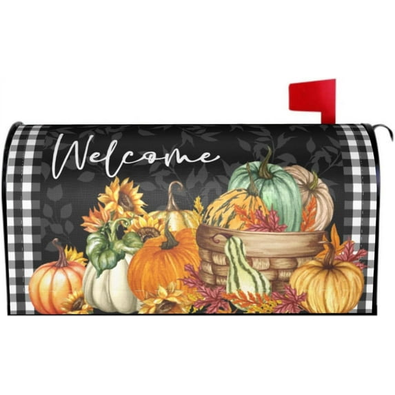 Autumn/Fall Leaf Mailbox Cover Pumpkin and Leaf Magnetic Mailbox Covers Sunflowers Plaid Harvest Mailbox Autumn Thanksgiving Large Post Letter Box Covers Garden Yard Home Decor for Outside 21" x18"