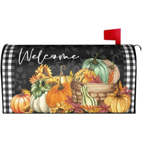 Autumn/Fall Leaf & Sunflower Plaid Harvest Thanksgiving Magnetic Mailbox Covers - Large Post Letter Box - 21" x18"