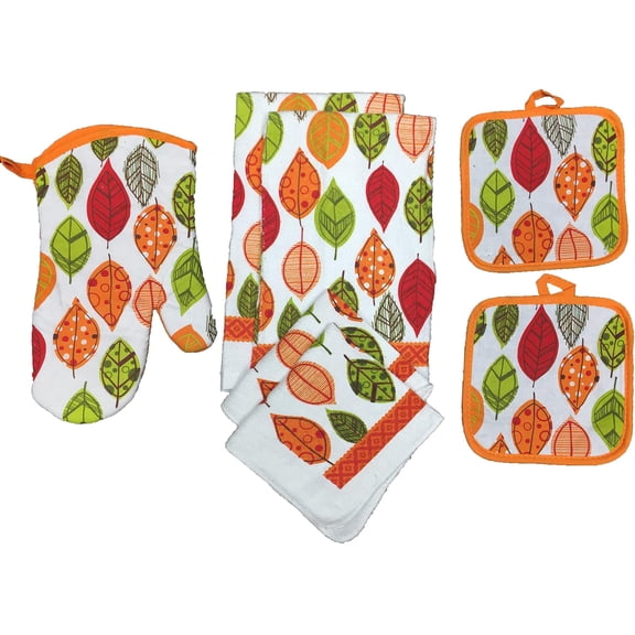 Autumn Fall Leaves Design 100% Cotton Printed Kitchen Linen Set of 7, 2 Kitchen Towels, 2 Dish cloths, 2 Pot Holder, 1 Oven mitt, Non Slip, Washable, and Heat Resistant. (Fall Leaves - A)