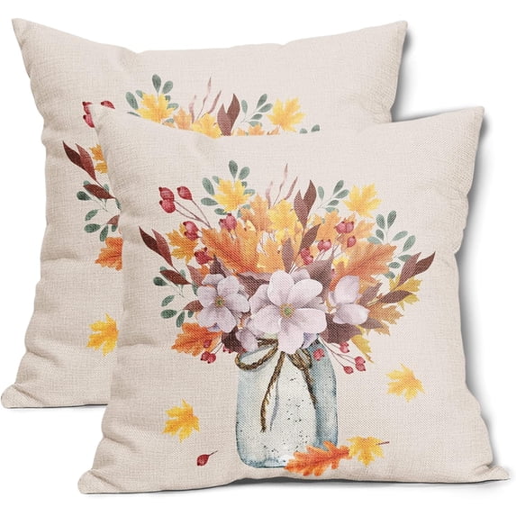 Autumn Fall Leaves Floral Pillow Covers 20X20 in Orange Maple Leaf Vase Couch Pillow Cases Pink Flower Thanksgiving Decorative Throw Pillows Set of 2 Rustic Home Decor for Room Couch Porch Patio