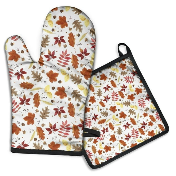 Autumn Fall Leaves Pattern Kitchen Oven Mitt and Pot Holder Sets 2 Pcs for Baking, Cooking and Grilling, Heat Resistant Up To 392 °F