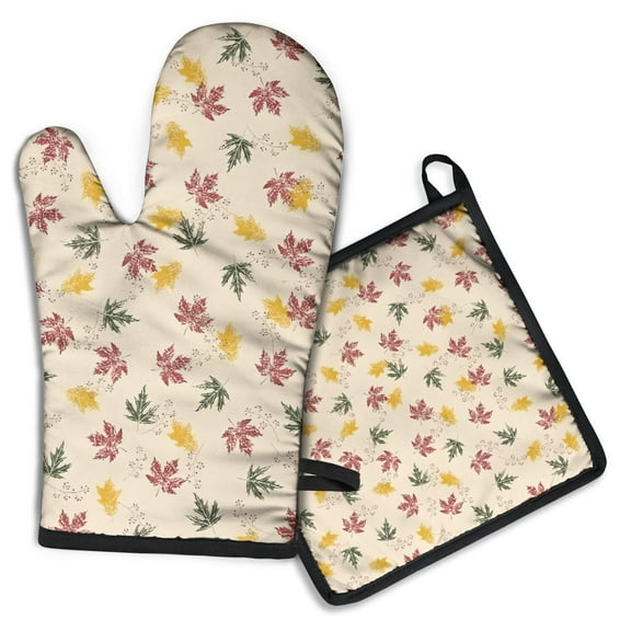 Autumn Fall Leaves Pattern Kitchen Oven Mitt and Pot Holder Sets 2 Pcs for Baking, Cooking and Grilling, Heat Resistant Up To 392 °F
