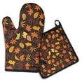 thumbnail image 1 of Autumn Fall Leaves Pattern Kitchen Oven Mitt and Pot Holder Sets 2 Pcs for Baking, Cooking and Grilling, Heat Resistant Up To 392 °F, 1 of 7