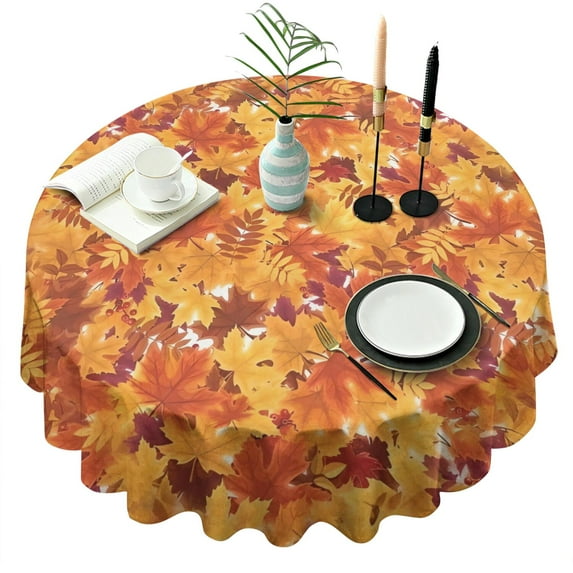 Autumn Fall Leaves Pattern Round Tablecloth 60" X 60",Wrinkle Wipeable Table Cloth for Kitchen Dining Room Picnic Patio Party