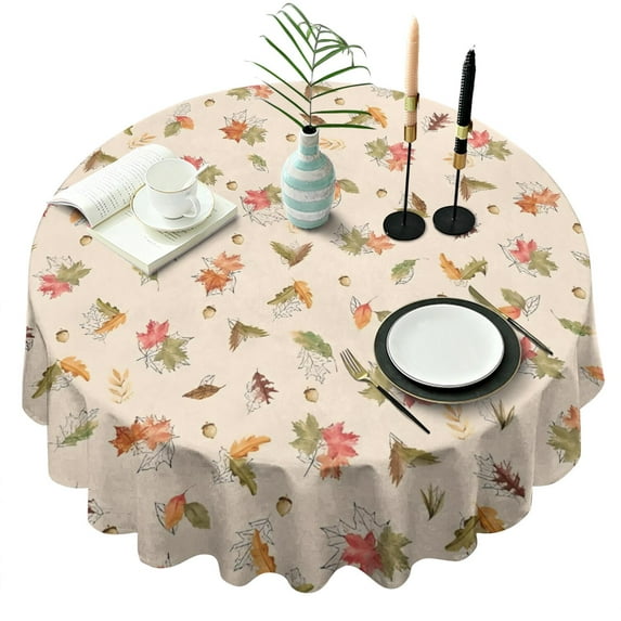 Autumn Fall Leaves Pattern Round Tablecloth 60" X 60",Wrinkle Wipeable Table Cloth for Kitchen Dining Room Picnic Patio Party