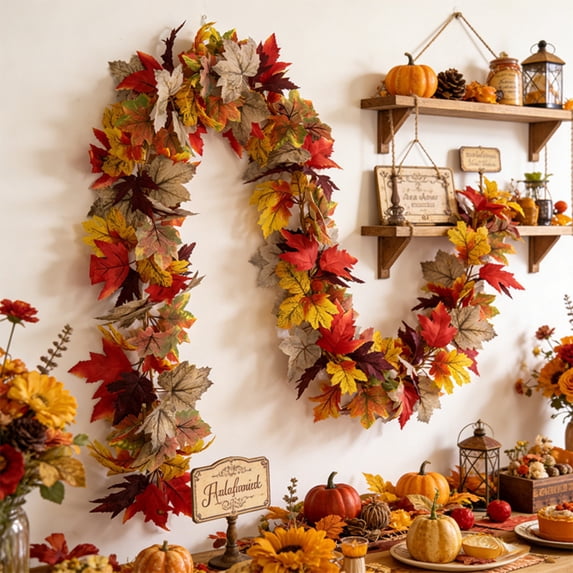 Autumn Fall Maple Leaf Garland, Multi-Color Halloween Foliage Vine, Long Hanging Floral Swag for Indoor Fireplace & Stair Rail Halloween Party Decorations