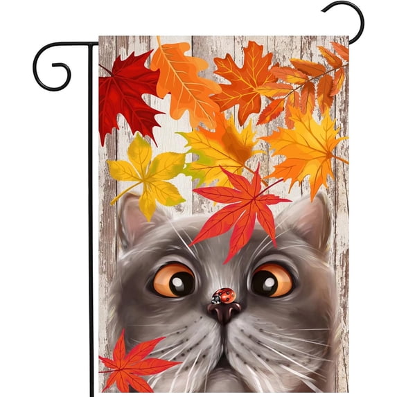 Autumn Fall Maple Leaves Cat Seasonal Nature Scenery Landscape Garden Yard Flag 12 x 18 Inch, Double Sided Outdoor Decorative Welcome flags Banners for Home House Lawn Patio