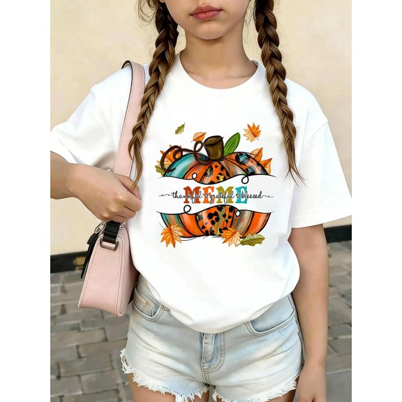 Autumn Fall Outfit Meme Thankful Grateful Blessed Pumpkin KidsCotton Graphic Tee Comfortable Party Dress T-Shirt