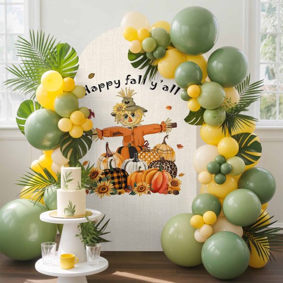 Autumn Fall Scarecrows Pumpkin Arch Backdrop Cover Stretchy Spandex Arch Cover 6ft, Retro Thanksgiving Linen Round Top Chiara Stand Covers for Wedding Birthday Party Ceremony Banquet