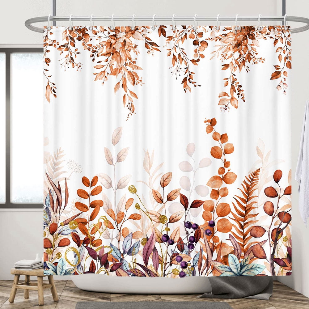Autumn Fall Shower Curtain for Bathroom, Orange Eucalyptus Leaves Botanical Fabric Shower Curtain Sets, Thanksgiving Nature Plant Waterproof Bath Accessories Decor with Hooks, 72X72in