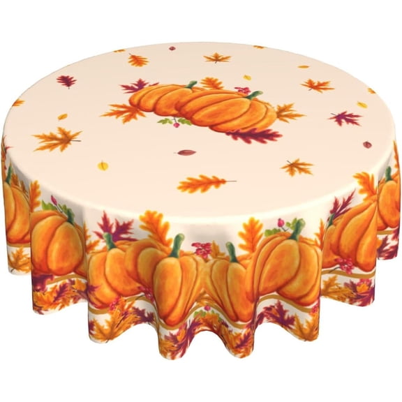 Autumn Fall Tablecloth Round 60Inch Pumpkins Maple Leaves Decorative Circle Heat Resistant Washable Polyester Thanksgiving Table Cover for Kitchen Dining Picnic Holiday Indoor Outdoor Party