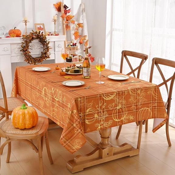 Autumn Fall Tablecloth for Thanksgiving, Gingham Buffalo Plaid Table Cloth, Checkered Waterproof Spillproof Table Cover for Dinner Kitchen Party Holiday Decor, Yellow Orange, Rectangle 60 x 104 Inch