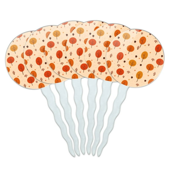 Autumn Fall Trees Pattern Cupcake Picks Toppers Decoration Set of 6