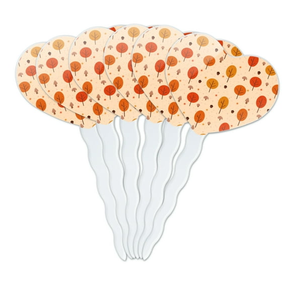 Autumn Fall Trees Pattern Heart Love Cupcake Picks Toppers Decoration Set of 6