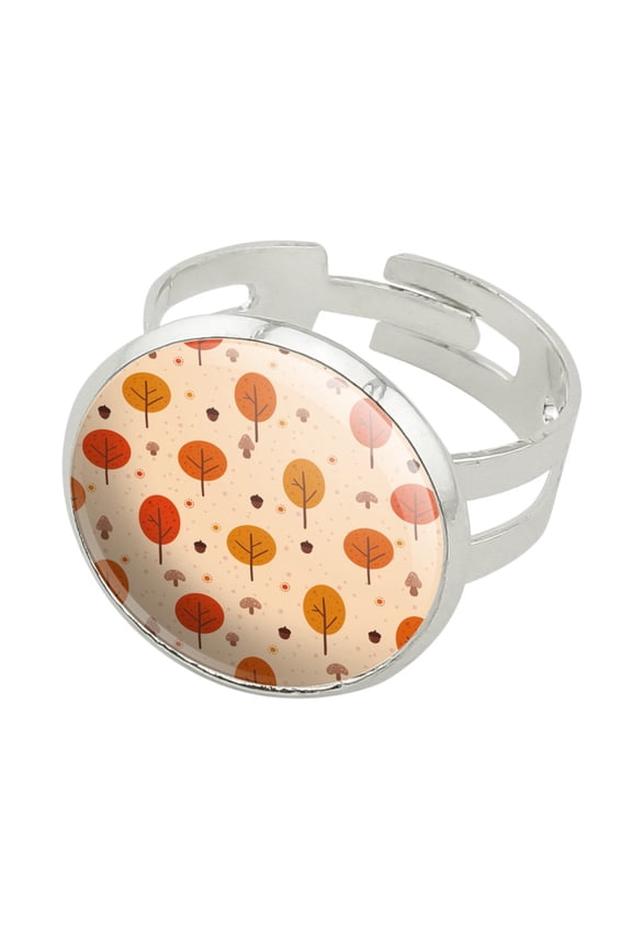 Autumn Fall Trees Pattern Silver Plated Adjustable Novelty Ring