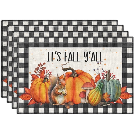 Autumn Fall Vintage Yellow Pumpkin Squirrel Placemats 12x18 Inch, Set of 4 Washable Kitchen Dining Table Place Mats for Outdoor Home Party Decorations