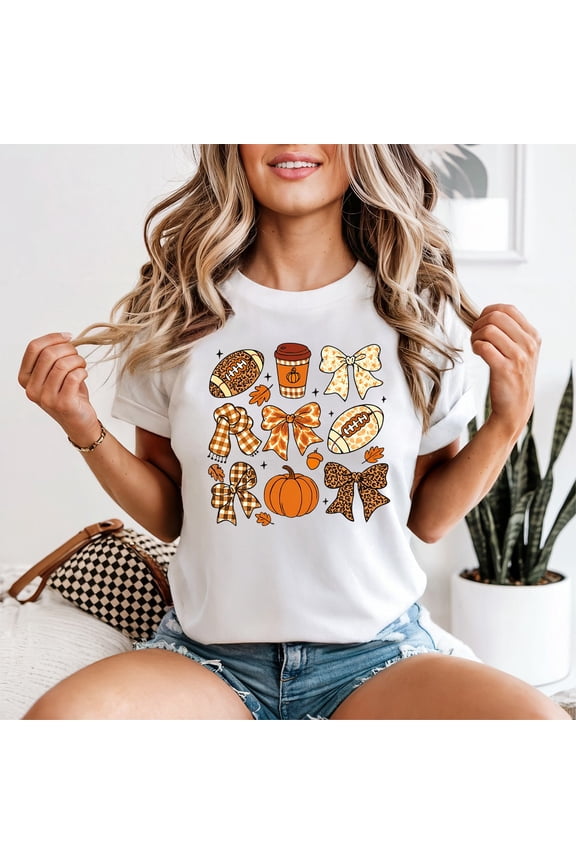 Autumn Fall Womens Graphic T-Shirt Pumpkin Football Bows Leaf Seasonal Tee All Size S-5XL