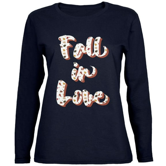 Autumn Fall in Love Leaves Pattern Womens Long Sleeve T Shirt Navy MD