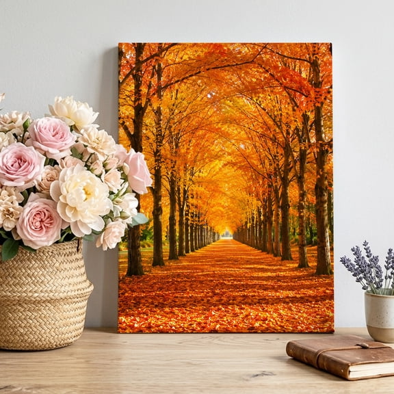 Autumn Fallen Leaves Canvas Wall Art, Golden Path Fall Trunks Rustic Framed Canvas Wall Decor Picture Print Artwork Decorations for Living Room Office Ready to Hang 28" x 22"