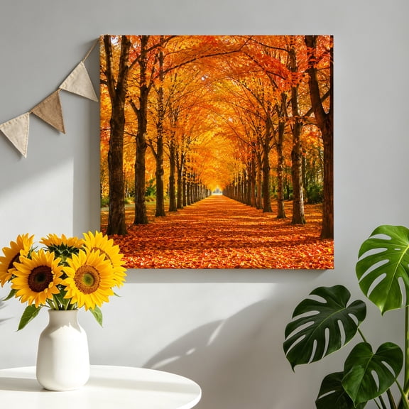 Autumn Fallen Leaves Canvas Wall Art, Golden Path Fall Trunks Rustic Framed Canvas Wall Decor Picture Print Artwork Decorations for Living Room Office Ready to Hang 8" x 8"
