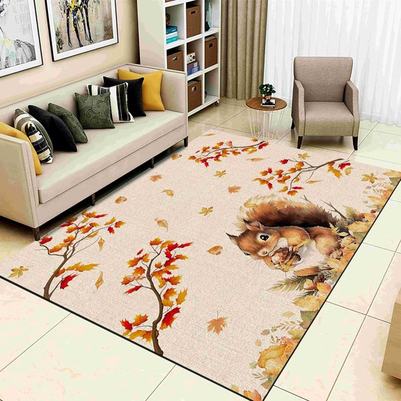 Autumn Fallen Maple Leaf Area Rugs, Thanksgiving Squirrel Carpet For Bedroom, Printed Non-Shedding Bedside Rug, Absorbent Breathable Non-Slip Carpets For Hallway Floor Kitchen 3x5ft