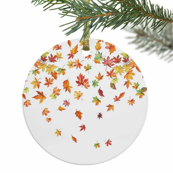 Autumn Fallen Maple Leaves Christmas Ceramic Ornament 2025,3" Round Xmas Tree Hanging Accessories with Gold Ribbon,Thanksgiving Fall Botanical Leaf Pendant Ornaments for Holiday Gift Home Party Decor