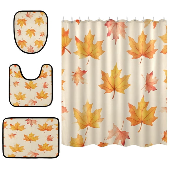 Autumn Falling Leaves Pattern Bathroom Accessory Curtain Sets Bath Curtain Anti-Slip Mats and Toilet Pad 66x72in
