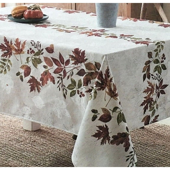 Autumn Falling Leaves Print Bordered Thanksgiving Polyester Fabric Tablecloth 70” Round
