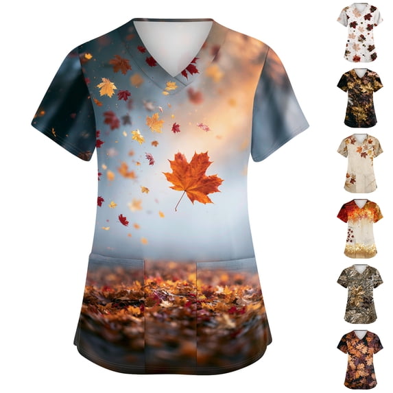Autumn Falling Leaves Printed Scrub Tops for Women V Neck Short Sleeve Nursing Uniform Shirts Multi Pocket Medical Work Scrub Tops White 2XL